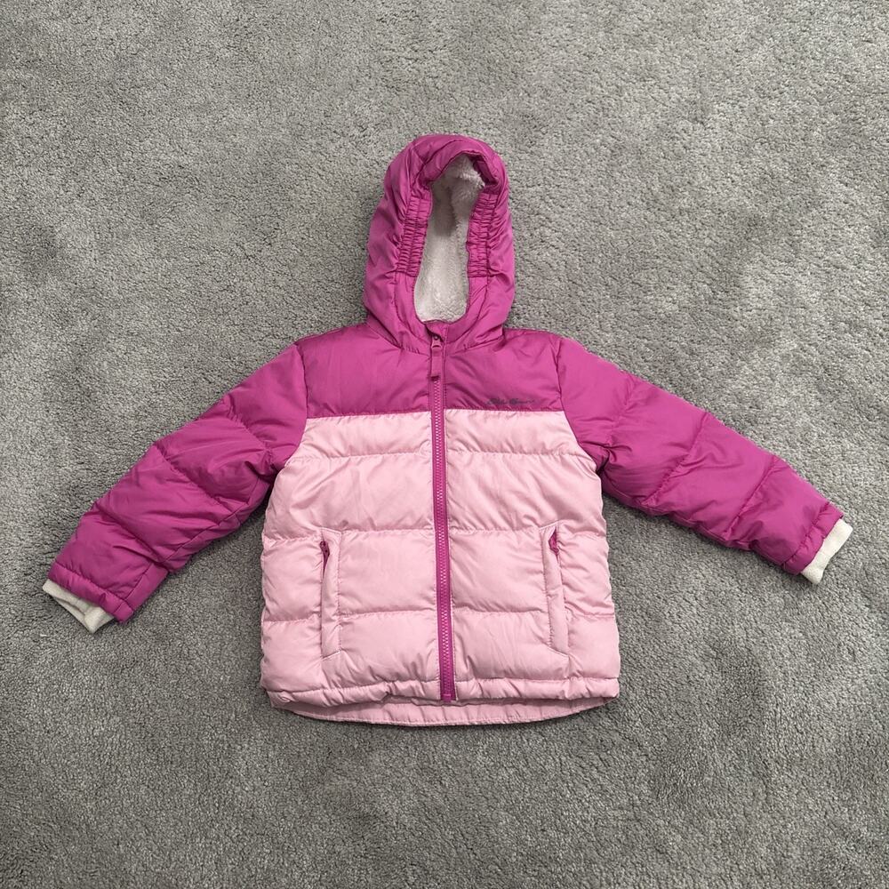 Eddie Bauer Puffer Coat Jacket Kids 3T Pink Hooded Sherpa Lined
